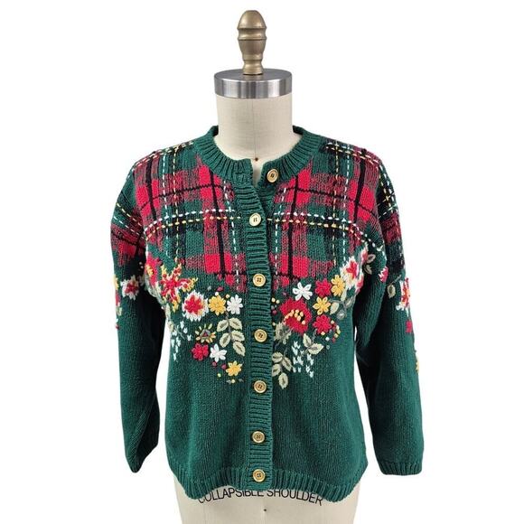 Vtg 1990s Sweater Pendleton Knockabouts Cotton Blend Tartan/Floral Cardigan Sz M - Picture 1 of 4